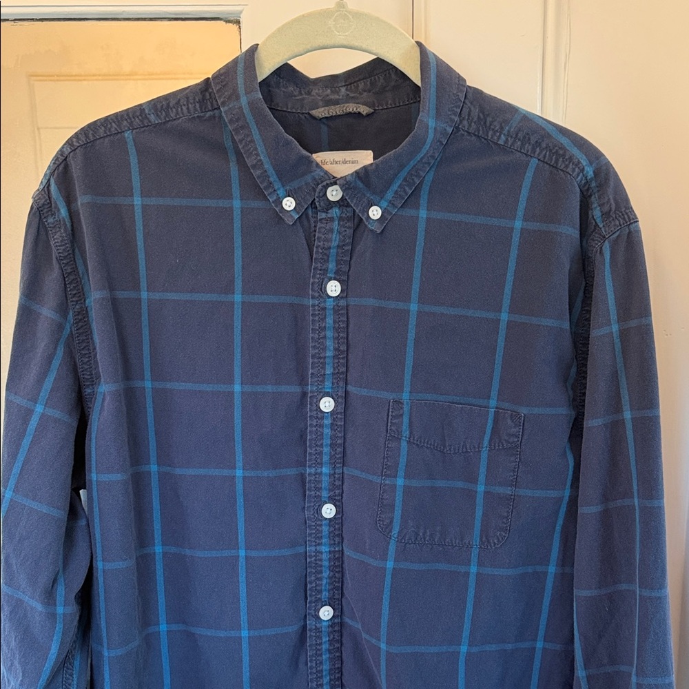 Life After Denim Blue Windowpane Plaid Casual Button Down Shirt